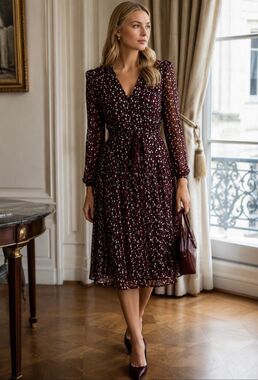 LK Bennett Jana Silk Woodland Floral V Neck Ruffle Long Sleeve Midi Dress US 2